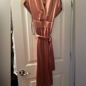 Anne Klein, rose color, satin, belted, v-neck, midi dress , size 10, worn once.